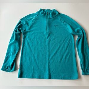 Kids 1/4 zip 100% Merino wool Midweight top, teal. Unisex 13-14 years old.